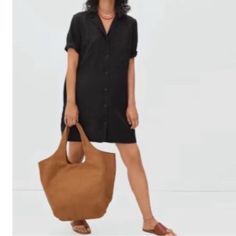 Everlane Black Button-Front Shirt Dress with Tan Tote